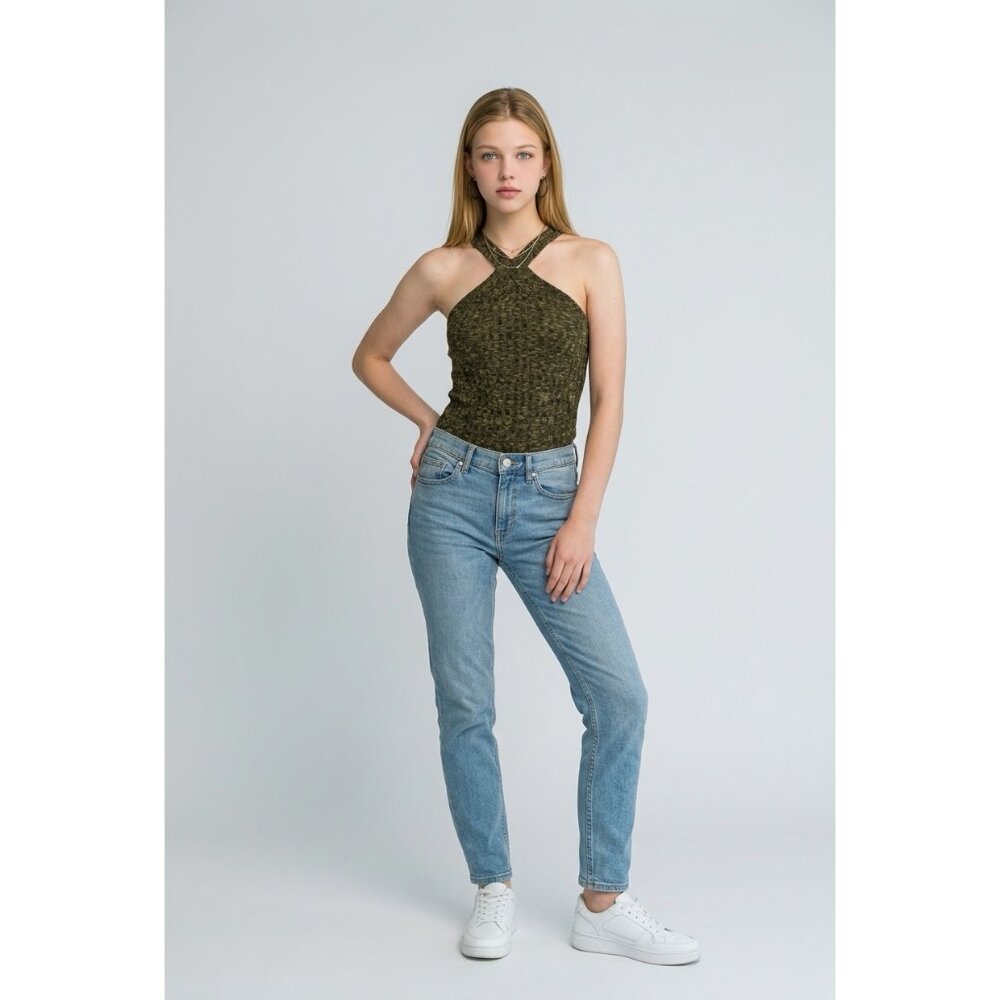 NEW Express One Eleven Olive Green High Neck Halter Bodysuit Soft Knit XS